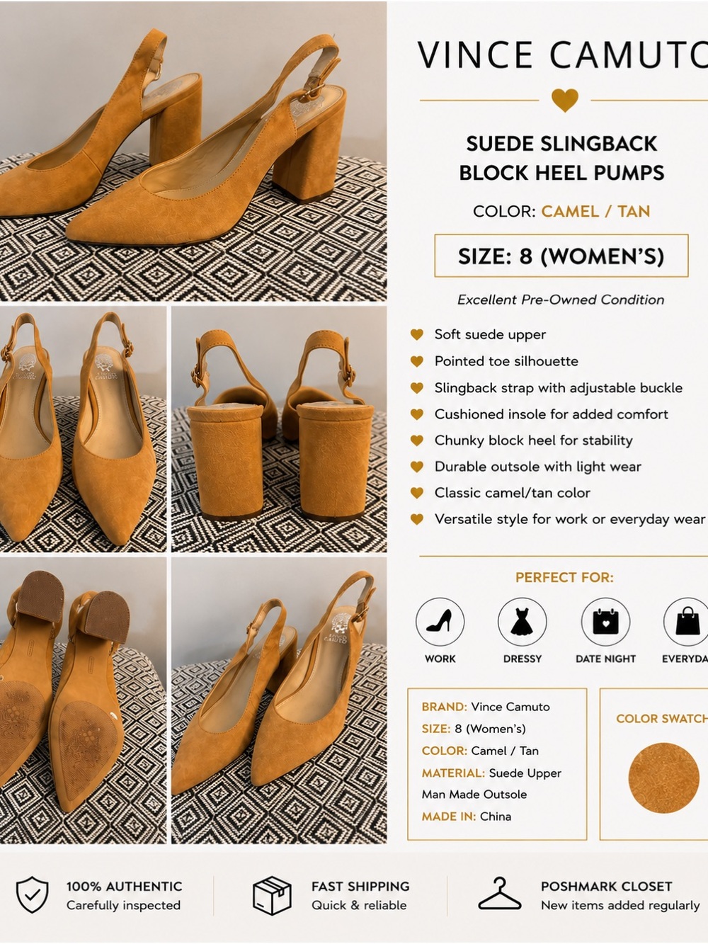 Vince Camuto Camel Suede Slingback Block Heels